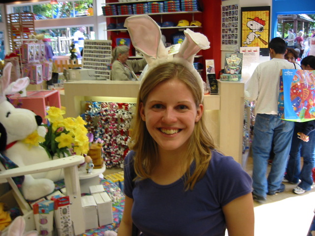 Sarah as a rabbit in the "Snoopy Store"